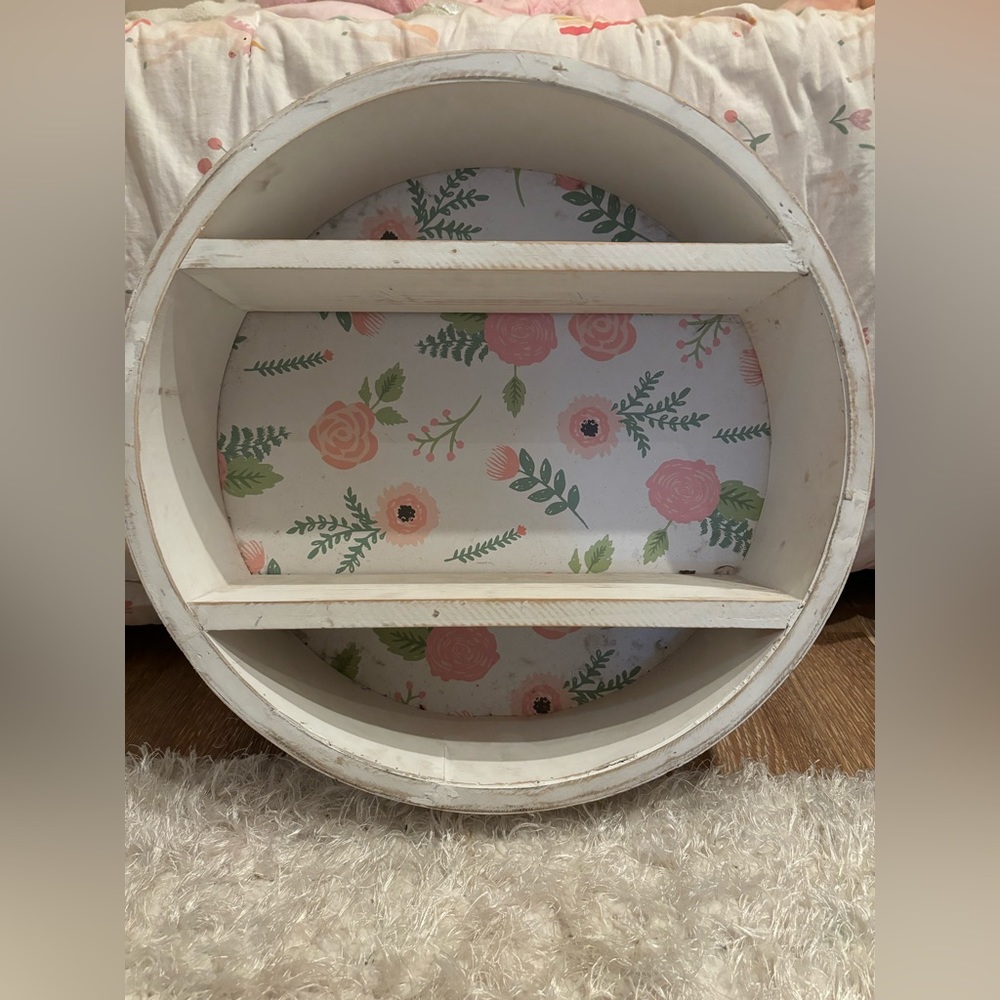 White Round Floral Wall Shelf - like new